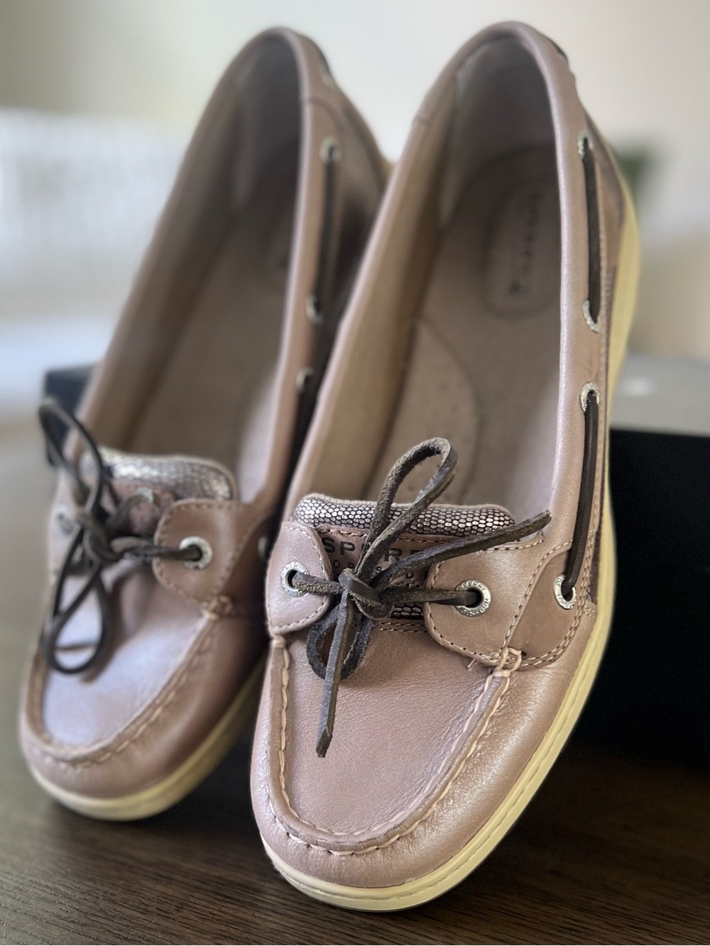 Sperry Angelfish Loafer Boat Shoes Taupe With Metallic Animal Print Accents